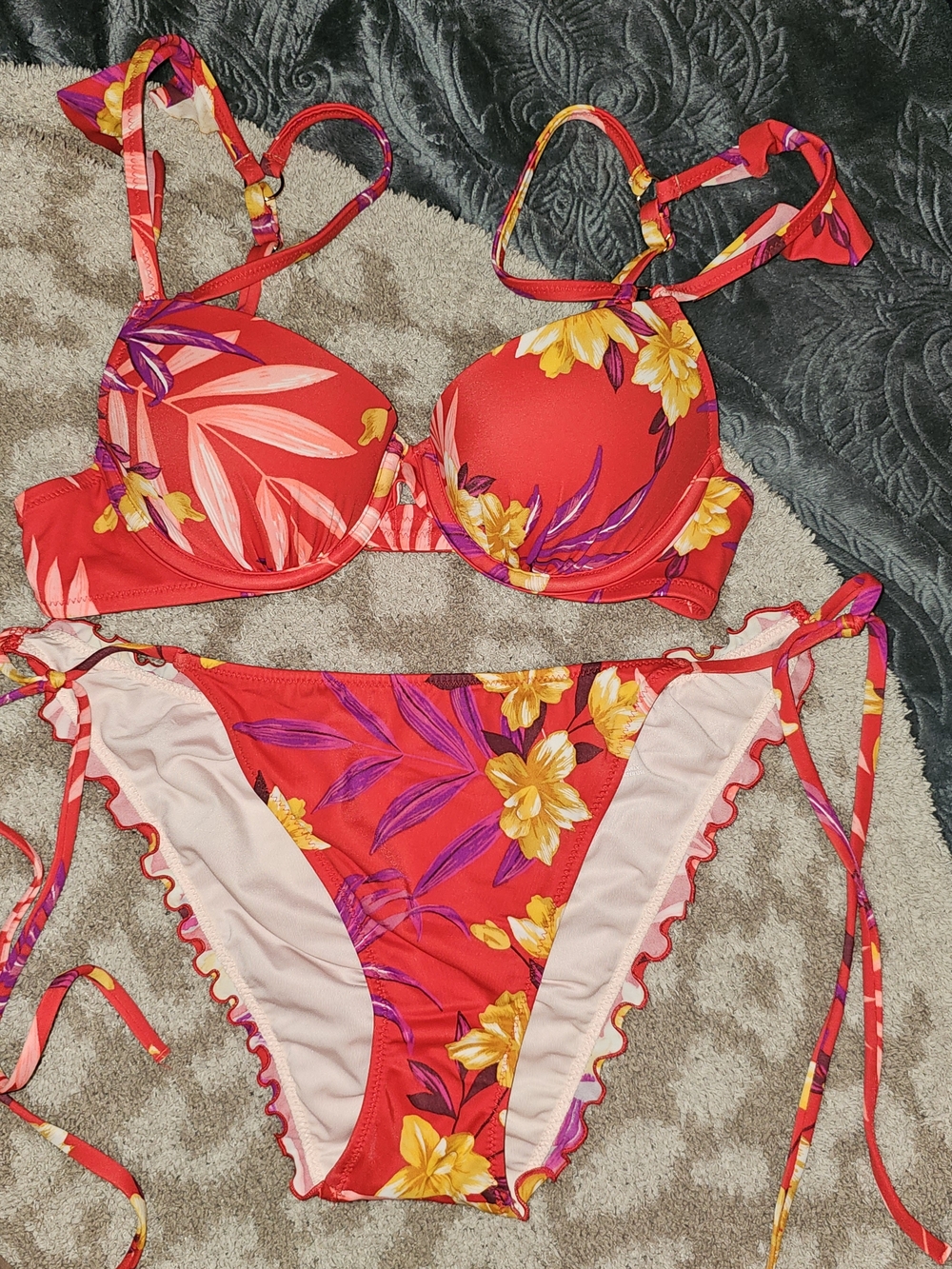 Red Floral Push-Up Bikini with Yellow & Purple Accents 32B And Medium